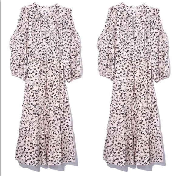 Ulla Johnson | Fantine Silk Midi Floral Ruffle Tiered Dress in Blush Pink 10 - Picture 2 of 9